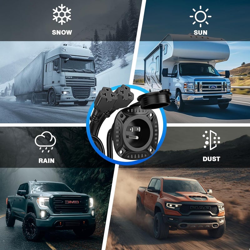 MICTUNING 20A 125V AC Port Plug, 12 AWG Shore Power Inlet Plug with 5-in-1 T-Blade Adapter Integrated 20'' Extension Cord, Waterproof AC Power Inlet Electrical Receptacle for Trailer Truck Boat - Image 3